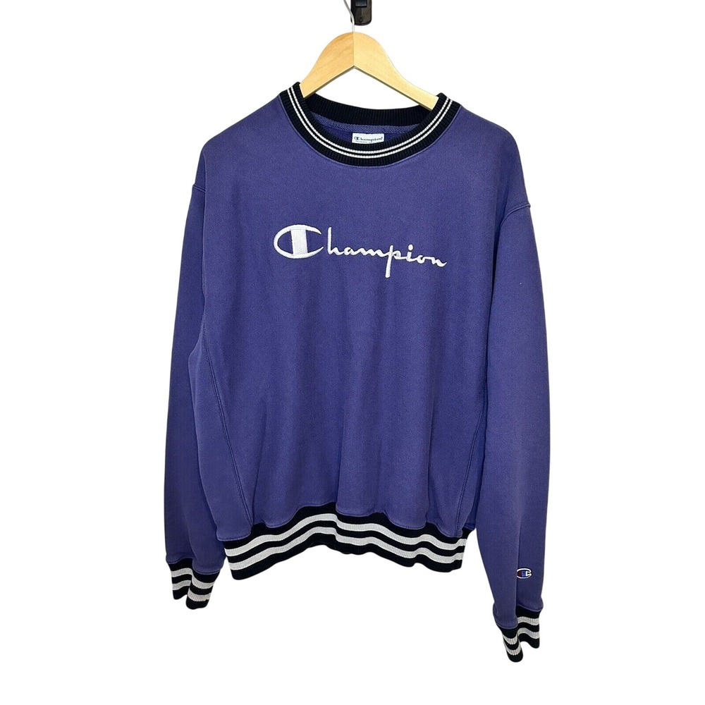 Champion Sweatshirt Mens Large Purple Reverse Weave Striped Trim Pullover